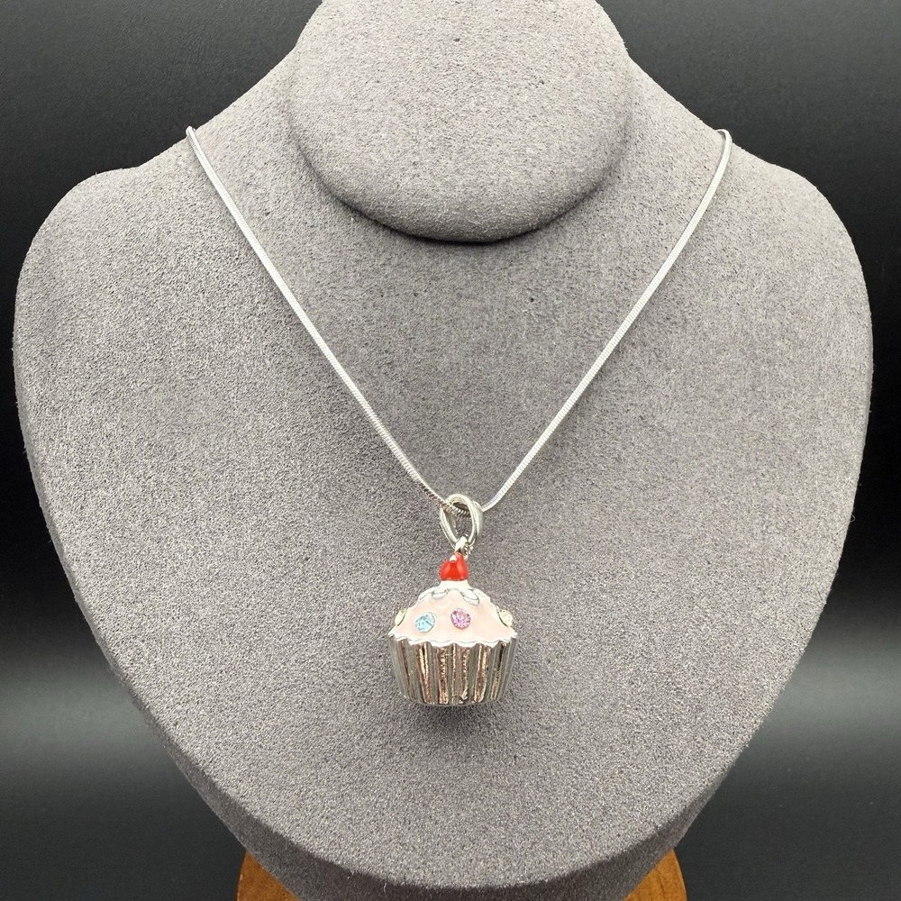 Pink Enamel & Crystal Rhinestone Cupcake & Cherry Pendant Silver Tone Necklace